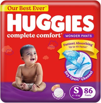 Picture of Huggies Complete Comfort Wonder Pants | Pant Style Baby Diapers New Born / XS Size, 90 Count | India's Fastest Absorbing Diaper, Patented Dry Xpert Channel, Ideal for 0-5 Kgs